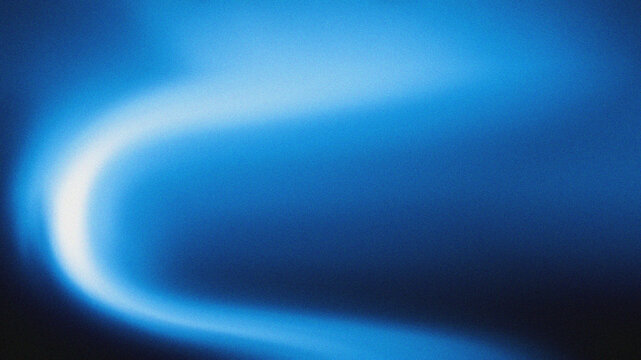 Sweeping blurred blue light curve on dark grainy texture background, noisy abstract glowing backdrop