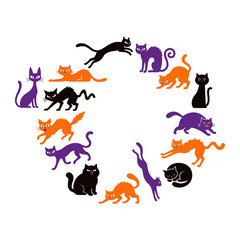Fototapeta premium Black Cats in Various Poses Arranged in a Circle with White Background Vector Illustration
