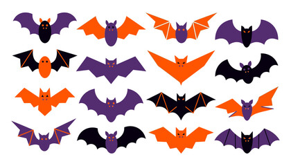 Fototapeta premium Collection of stylized black bat silhouettes flying in various poses against a white background in vector illustration style