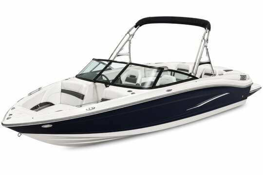 Luxury speedboat cruising on open water. High-performance white and blue motorboat with sun canopy for leisure boating.
