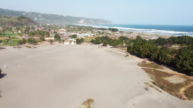 Aerial View of Gumuk Pasir Parangkusumo, Coastal Village and Parangtritis Beach in Yogyakarta, Indonesia