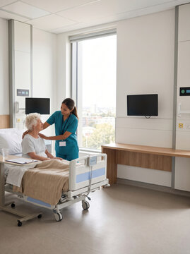 Female nurse comforts senior patient in hospital bed