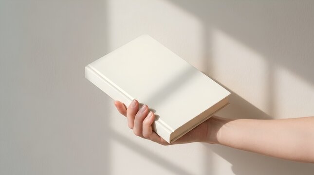 Woman Hand Holding Blank Book Mockup Hardcover Notebook Template in Soft Sunlight Window Shadow