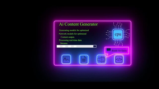 Animation of a futuristic artificial intelligence dashboard interface with data processing and icon menu on a deep black background