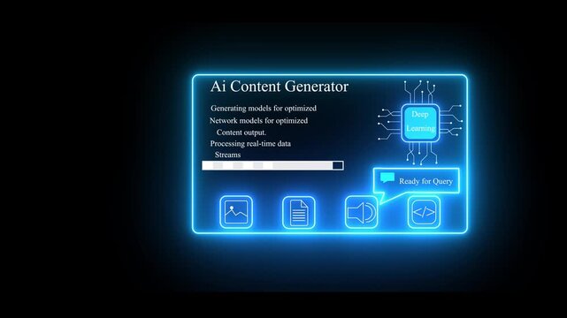 Animation of a futuristic artificial intelligence dashboard interface with data processing and icon menu on a deep black graphics