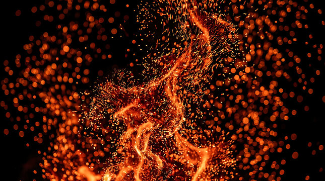 Abstract background of glowing orange sparks and fire particles in darkness