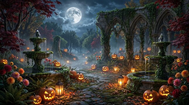 Halloween night scene Halloween pumpkin spooky Happy Halloween house 