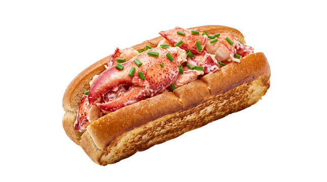 New England lobster roll sandwich with fresh lobster meat and chives in toasted bun