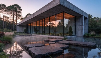 Fototapeta premium Modern concrete building with glass facade overlooking tranquil reflecting pool