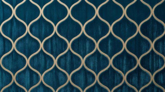 Teal Velvet Wall Panel Texture with Gold Moroccan Arabesque Geometric Lattice Pattern Background
