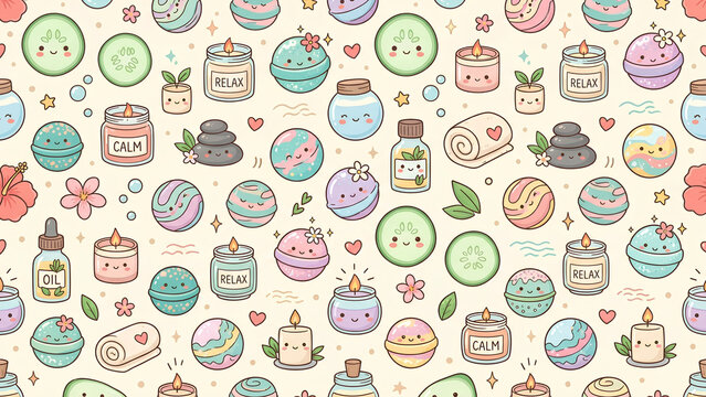 Cute Kawaii Spa and Wellness Seamless Pattern.