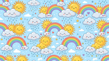 Obraz premium Seamless pattern with cute cartoon suns rainbows and clouds.