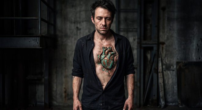 Man with unbuttoned shirt revealing a patina copper anatomical heart in his chest