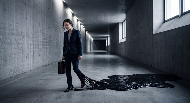 Businesswoman walking in concrete corridor with her feet stuck in a thick black slime spill.