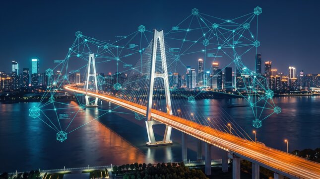 Futuristic smart city bridge at night with digital network connection overlay, internet of things showing global communication infrastructure and technology integration in urban