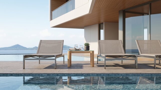 Luxury modern poolside lounge chairs at contemporary villa with ocean view, relaxing summer vacation atmosphere, minimalist outdoor furniture design for resort or high-end