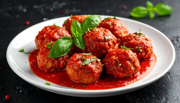Delicious Meatballs in Tomato Sauce with Fresh Basil Served on a Plate, Traditional Beef Cuisine Dish with Red Sauce for a Tasty Dinner Meal
