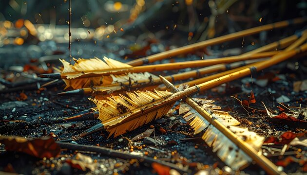 Close-up view of vintage wooden arrows with feather fletching lying on dark, textured ground, evoking a sense of history and nature