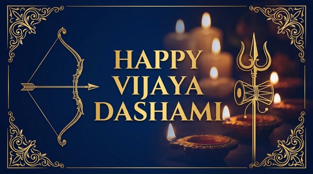 Golden bow and trishula decoration on blue texture for Vijaya Dashami festival greeting card design and religious hindu culture banner