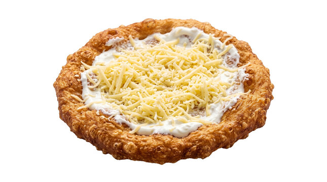 Traditional Hungarian langos fried flatbread topped with sour cream and grated cheese