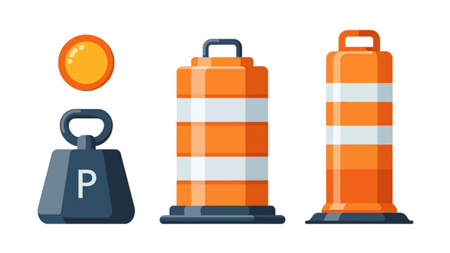 Flat vector road construction safety equipment icons featuring traffic barrels and delineator posts.