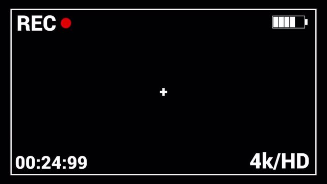 Camera recording screen overlay with alpha channel, Illustrated frame of the video camera screen in 4k resolution on transparent background.