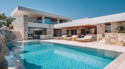 Fototapeta premium Modern luxury villa with swimming pool and sun loungers against a bright blue sky backdrop