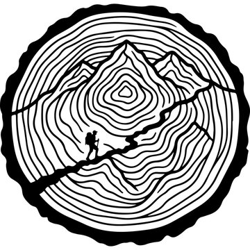 Vintage mountain hiker silhouette in wood cross section, rustic woodcut tree ring texture with peaks, outdoor adventure vector illustration