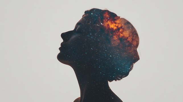 Silhouette of a person's profile filled with a cosmic galaxy scene, blending human form with stars and nebulae in a creative double exposure effect.