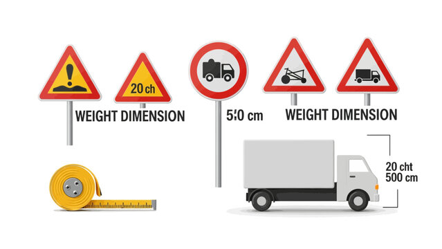 Traffic Signs for Vehicle Weight and Dimension Limits with Truck and Measuring Tape Vector