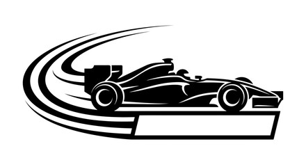 Fototapeta premium Dynamic black and white illustration of a sleek Formula 1 race car in motion, leaving a trail of speed lines, with a blank space for text.