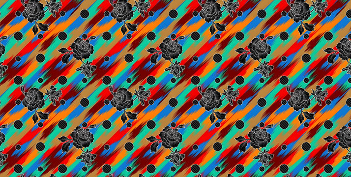 Abstract floral seamless pattern with black roses, vibrant brush strokes and polka dots, colorful textile print background for fashion and decor