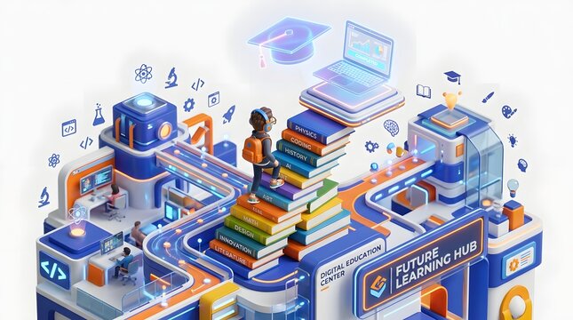 Isometric 3D illustration of a digital learning hub with a student climbing a stack of books