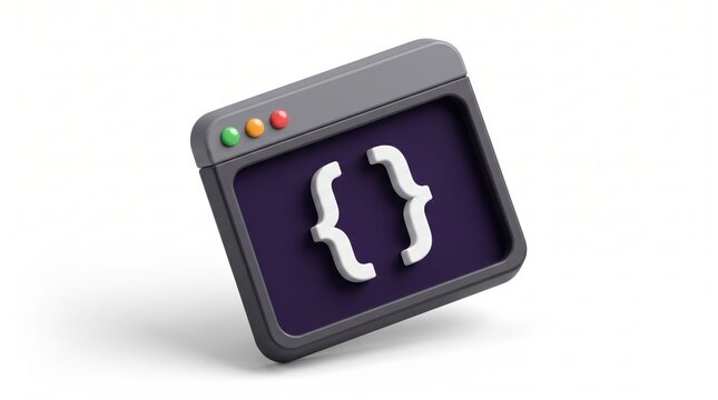 3D icon of a coding window with curly braces, representing software development, programming language syntax, and web application interface design on white background.