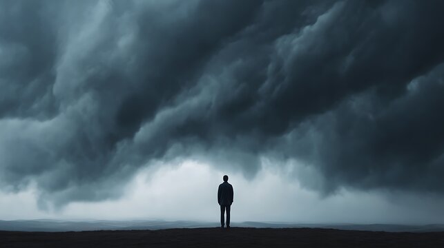 A lone figure stands under a vast, ominous sky filled with dark, swirling storm clouds, evoking a sense of solitude and impending weather.