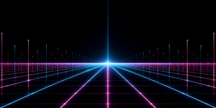 Abstract digital landscape with glowing blue and purple vertical light beams and a perspective grid on a dark background, for technology