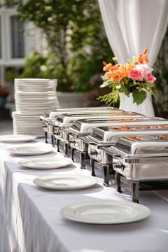 A table is prepared for a buffet meal with silver chafing dishes and stacked white plates in an outdoor garden setting on a sunny day