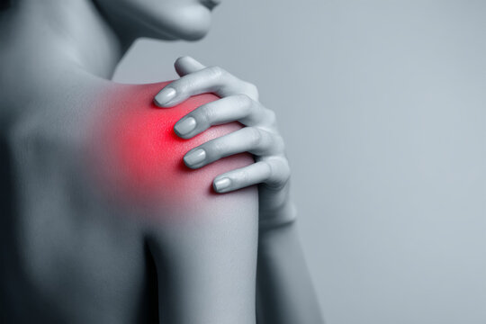 A woman stands in a studio, holding her shoulder with one hand. The area shows a red mark indicating pain. The background is simple and muted