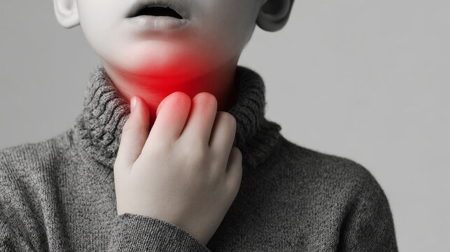 A young boy touches his throat, showing signs of pain. He looks concerned while dressed in a simple sweater. The background is neutral and plain