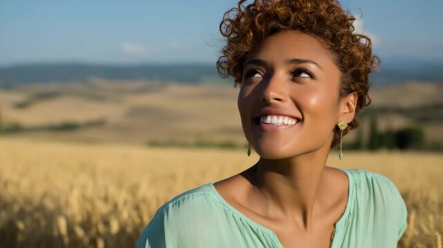 Female african young woman smile portrait in sunlit wheat field wearing green blouse and gold earrings conveying warmth joy confidence and natural beauty in rural summer landscape