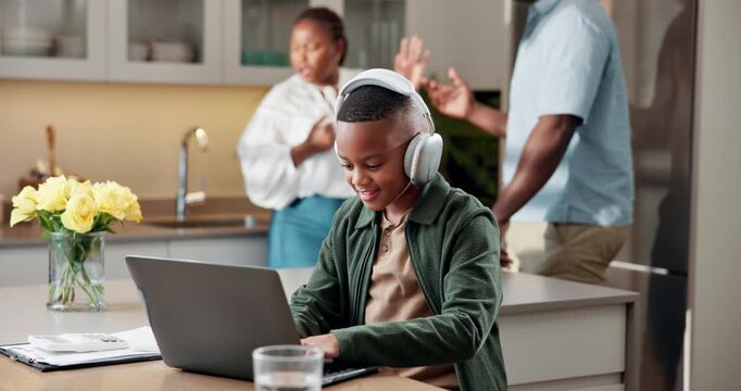 Laptop, elearning and child with headphones and arguing parents with distraction, learning and home. Excited kid, black family and technology for development, education or adult disagreement in house