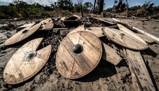 Collection of ancient wooden shields with metal bosses scattered on muddy ground with debris, historical reenactment props
