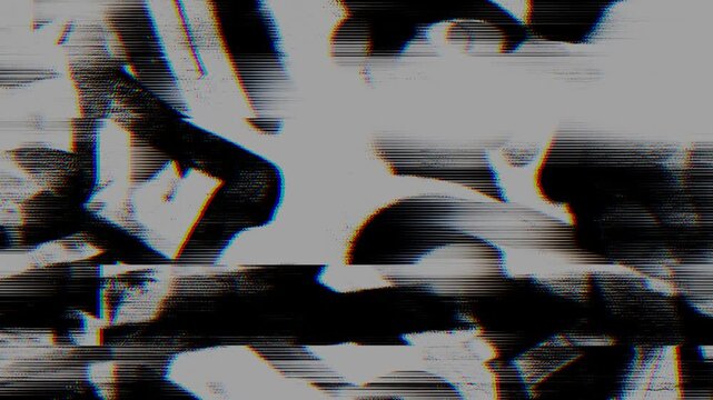 Abstract black and white geometric glitch background with RGB split scanline distortion scanning on a seamless loop. Animated digital corruption texture suits cyberpunk and synthwave VJ loop design.