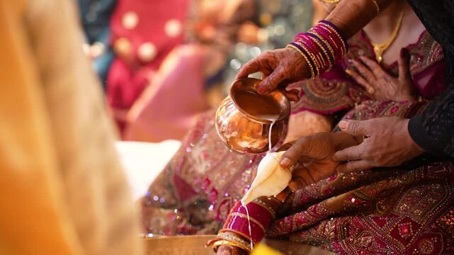 Traditional Indian Wedding Ritual with Copper Vessel and Conch Shell