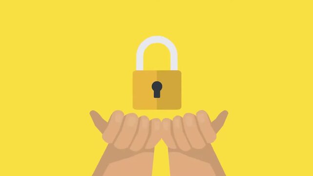 2D animation close up of cupped hands holding a glowing gold padlock security data protection concept