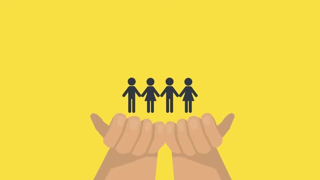 2D animation close up of cupped hands holding a black family silhouette icon family insurance concept