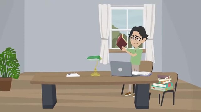 2D animation of a woman sitting at a large wooden desk typing on laptop home office study concept