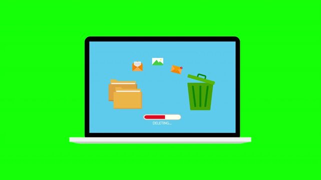 Laptop Data Deletion Process with Trash Bin and Progress Bar Flat Illustration