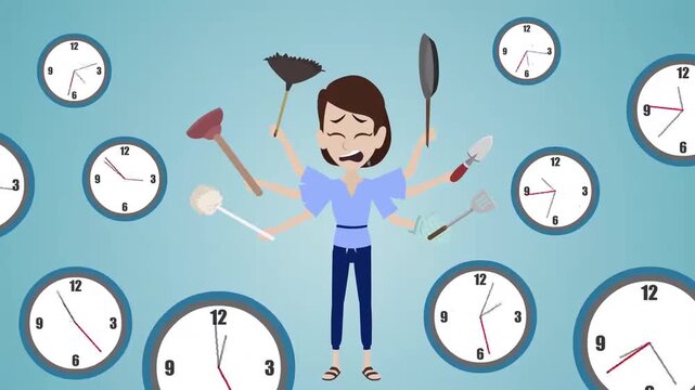 2D animation of a multitasking woman with multiple arms holding tools surrounded by clocks time management concept
