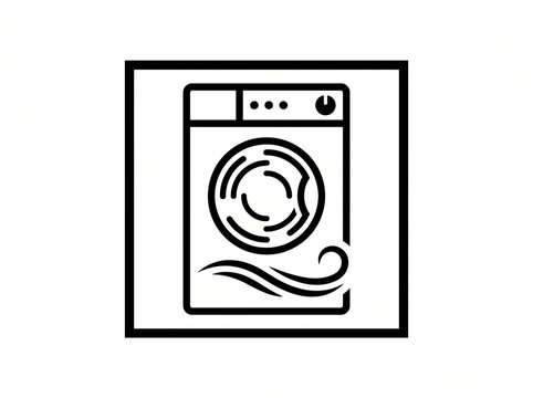 Black and white symbolic vector icon of a washing machine with airflow and drying waves, laundry and home appliance concept graphic